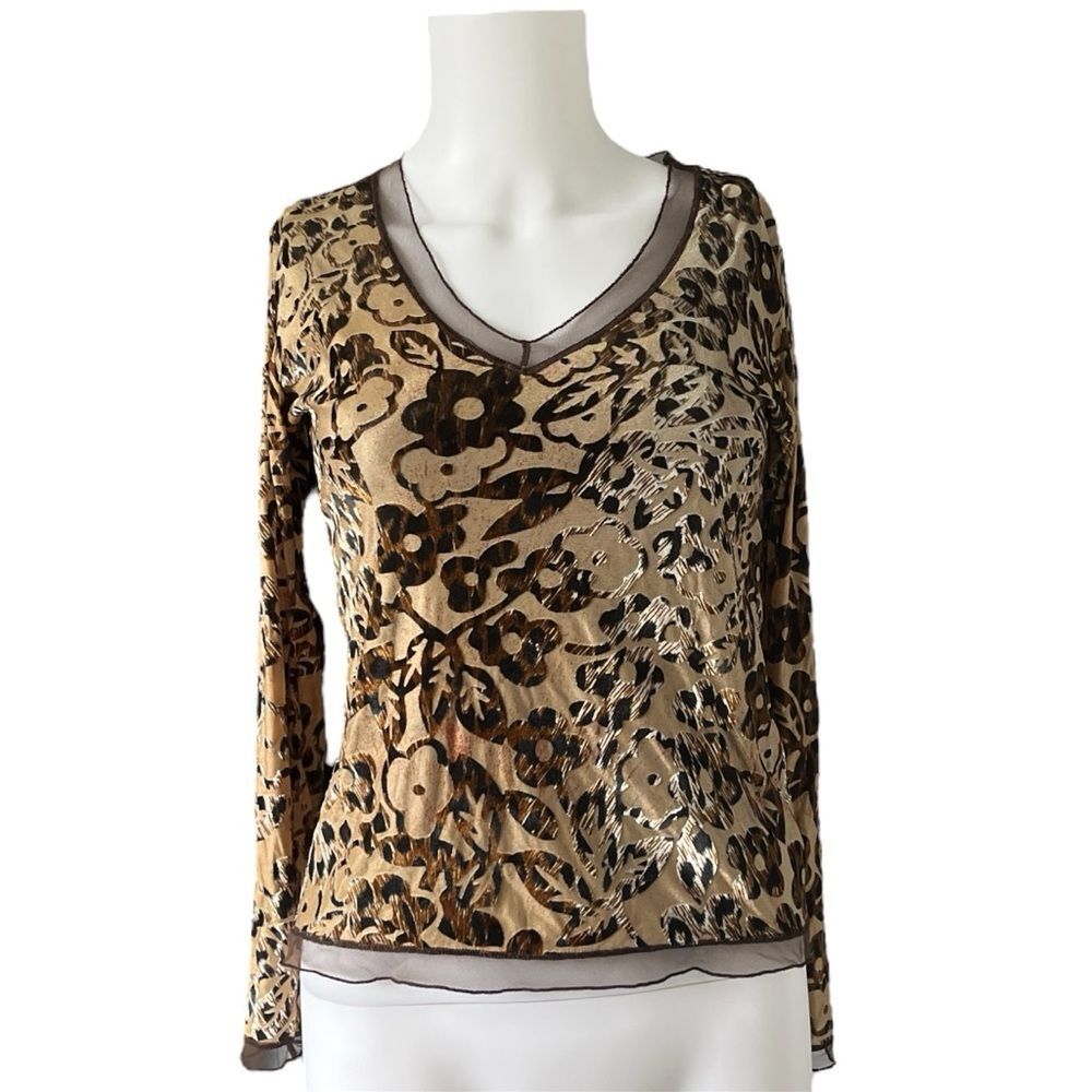 Vintage Y2K Papillon Blanc Long Sleeve Top Brown Floral Velvet V Neck